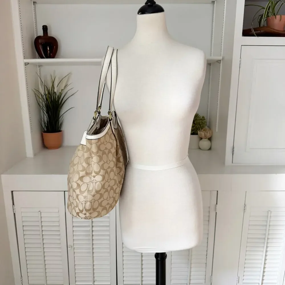 Coach Signature Monogram Satin Stripe Tan Canvas White Leather Devin Bag